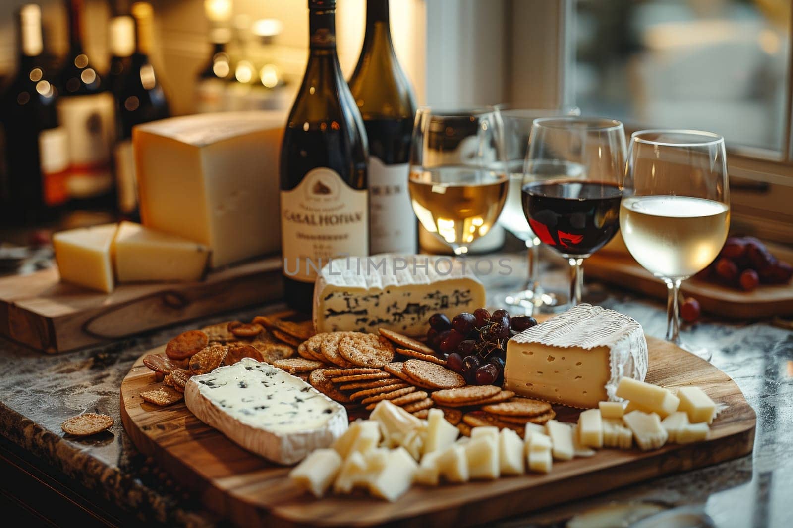 Gourmet Cheese Board with Wine Pairing. Generative AI.
