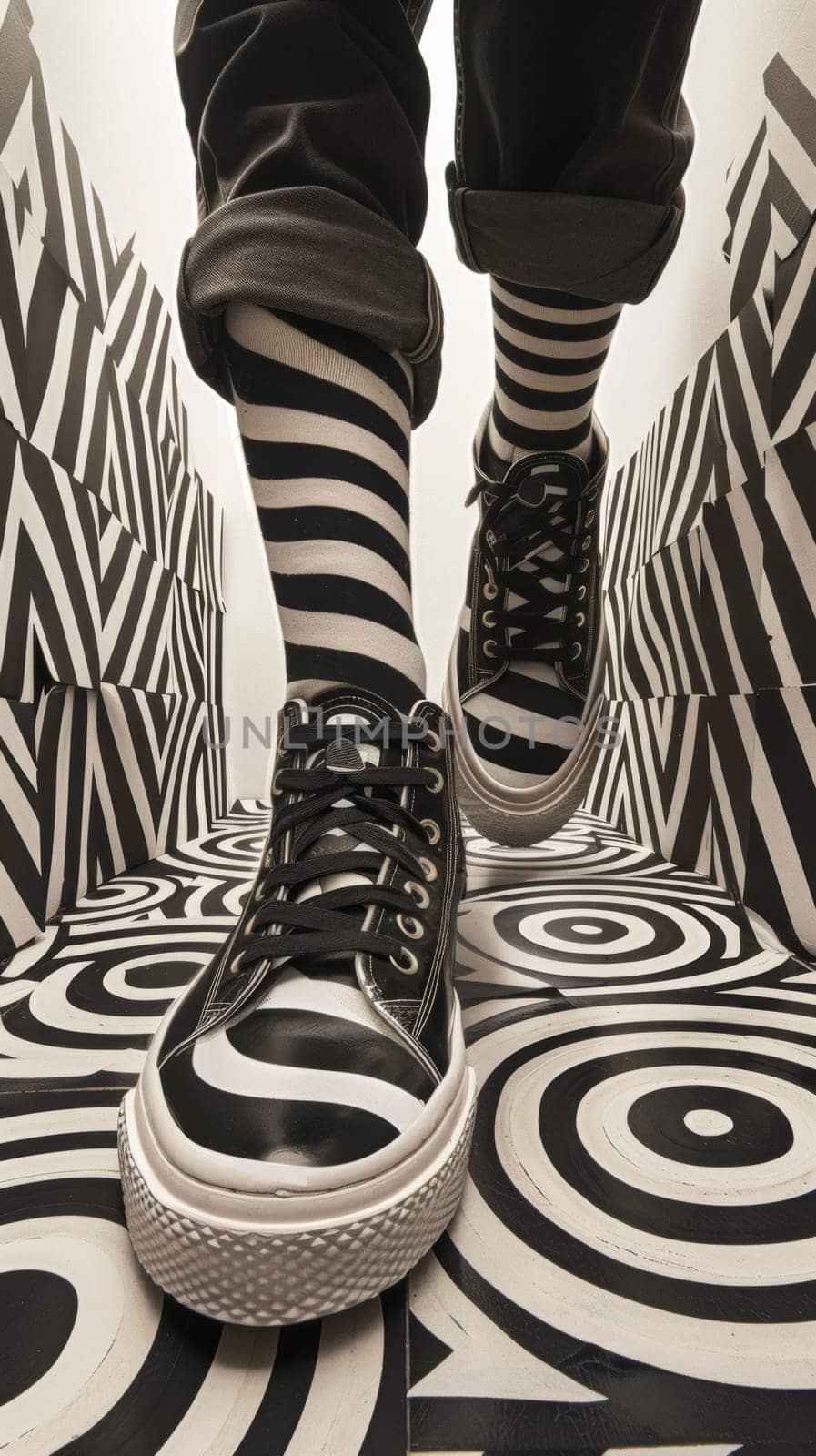 A person wearing black and white striped socks on a patterned floor, AI by starush