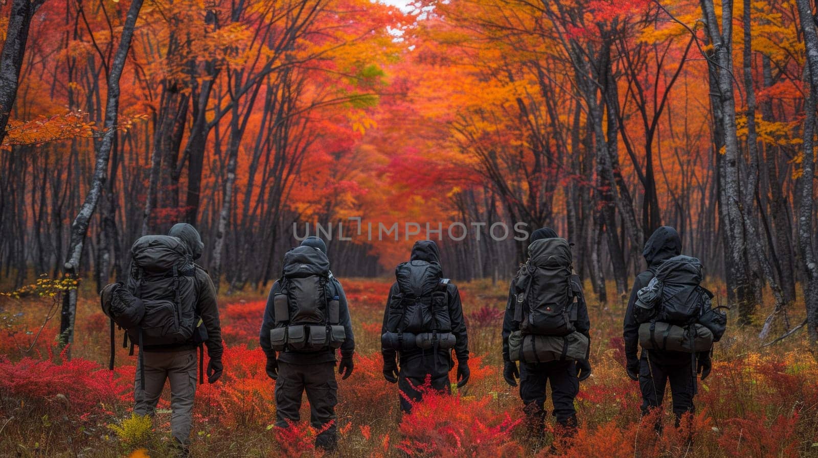 A group of men with backpacks walking through a forest, AI by starush