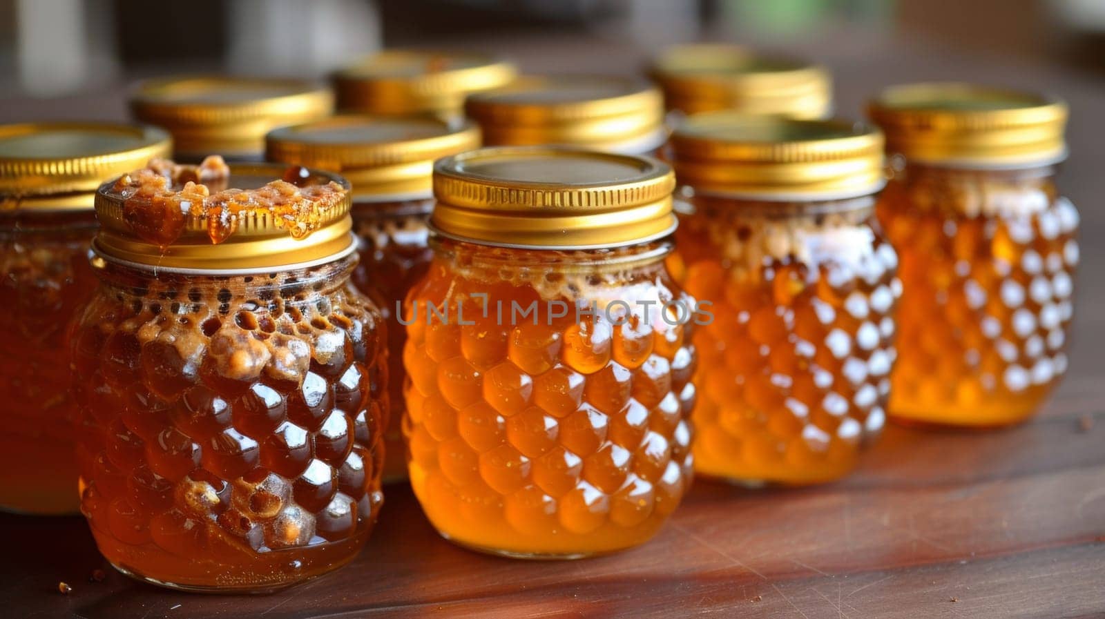 A row of jars filled with honey sitting on a table, AI by starush