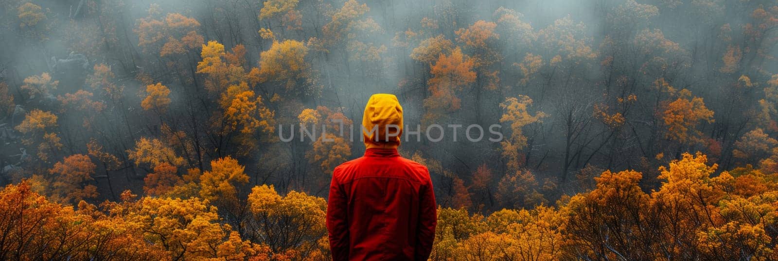 A person in red jacket standing on top of a hill with trees, AI by starush