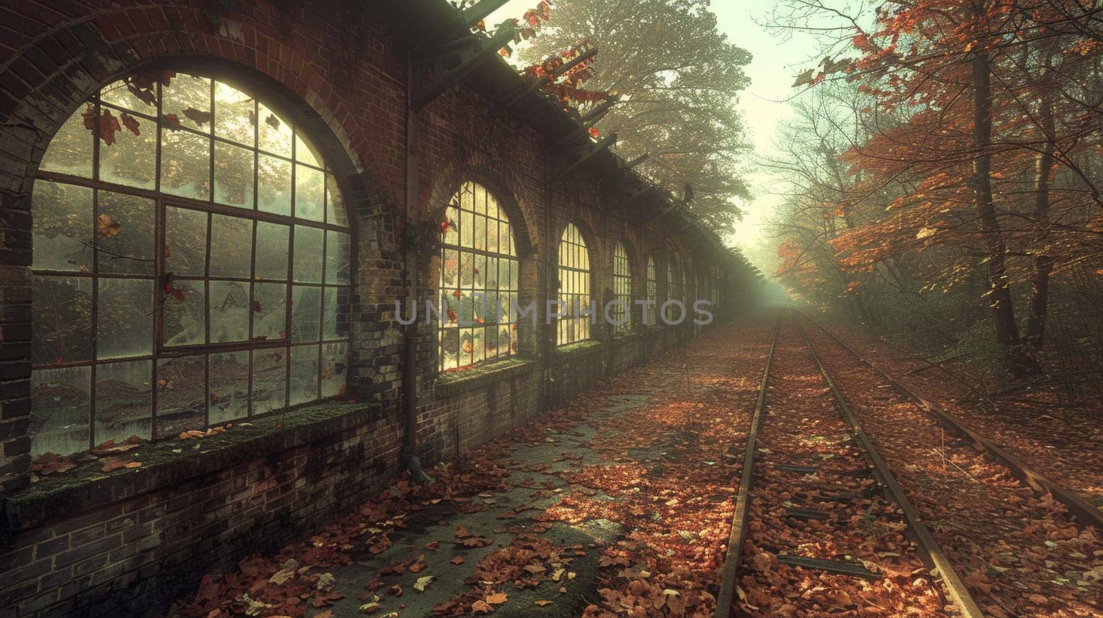 A train tracks with leaves on the ground and windows