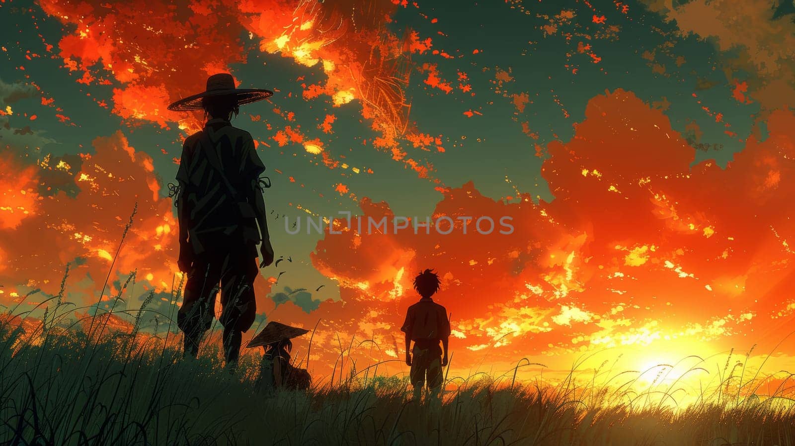 A couple of people standing in a field with the sun setting behind them