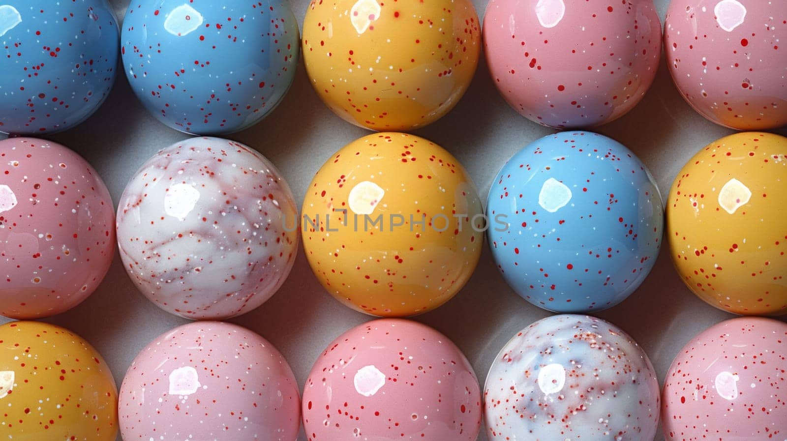 A bunch of colorful eggs with dots on them are lined up