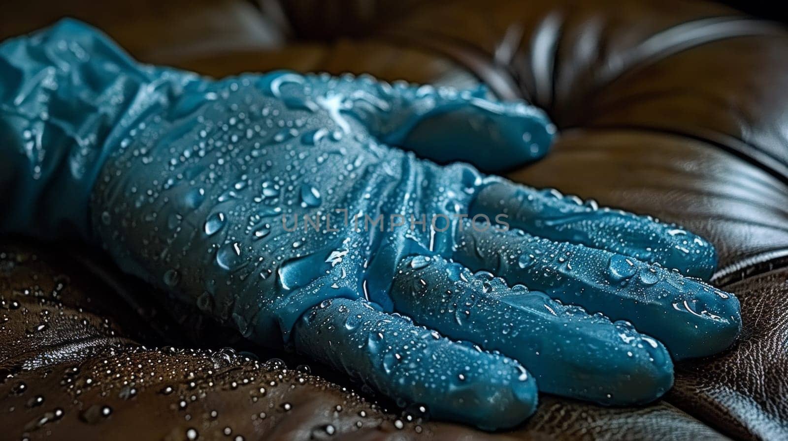 A blue glove sitting on a brown leather couch with water droplets, AI by starush