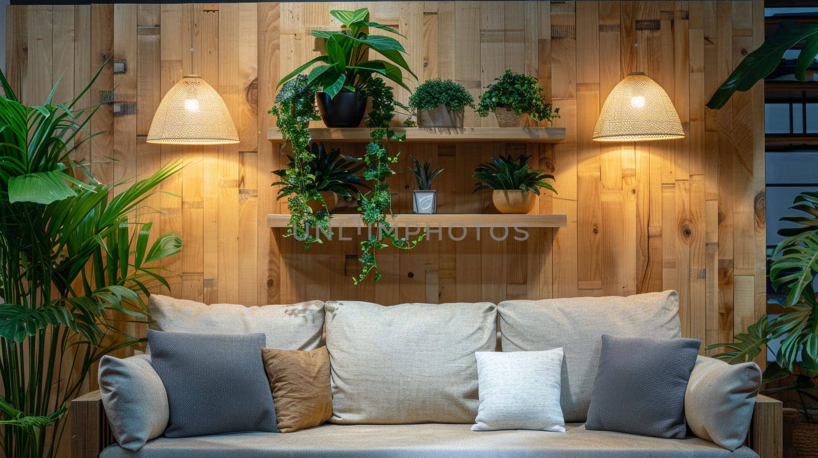 A couch with a couple of potted plants on the wall