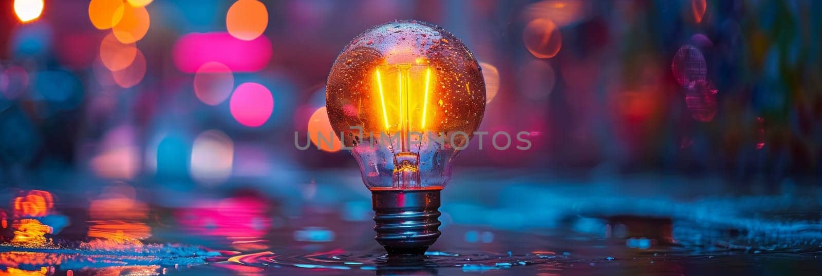 A light bulb is lit up in the middle of a puddle