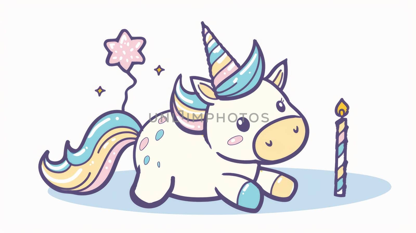 A cute cartoon unicorn with a star on its head and next to it is a birthday candle, AI by starush
