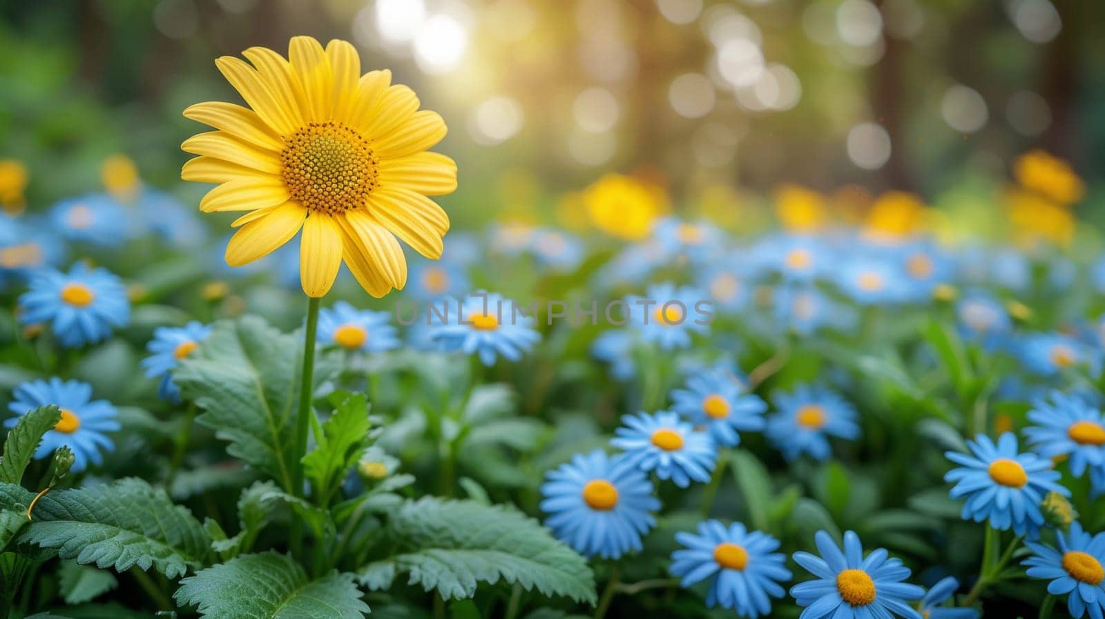 A close up of a yellow flower in the middle of many blue flowers