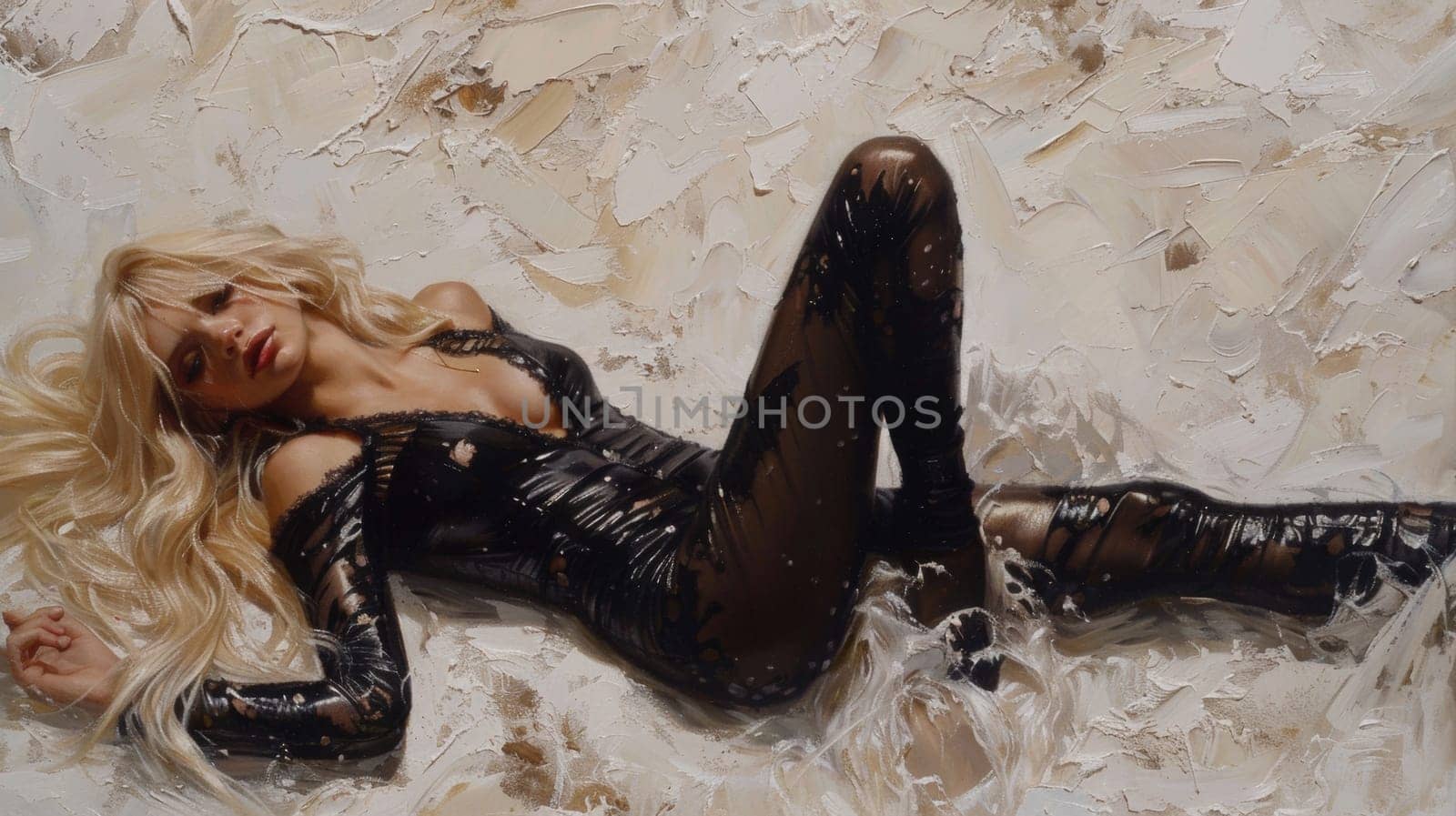 A woman laying on the floor in a black outfit