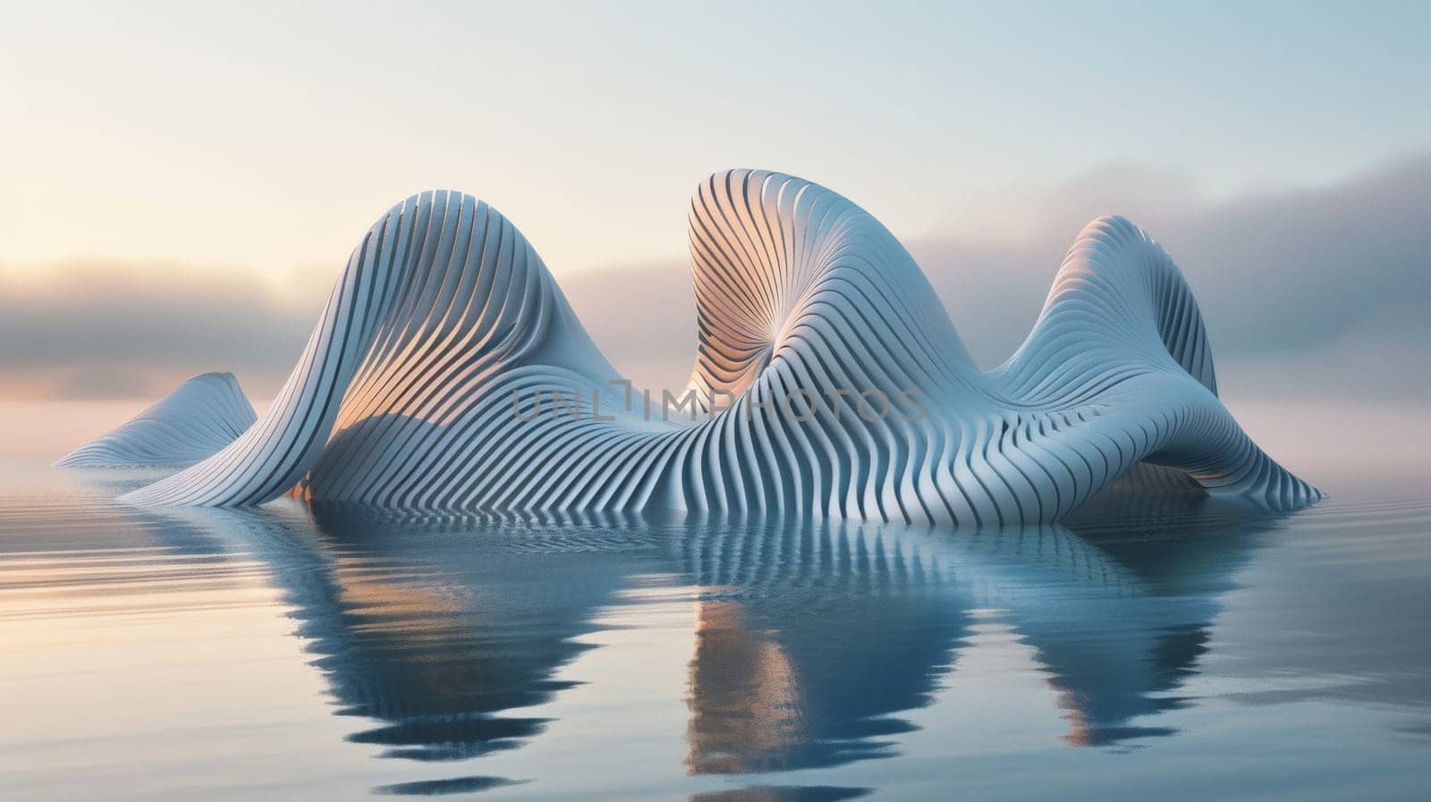 A sculpture of a wave in the water with some clouds