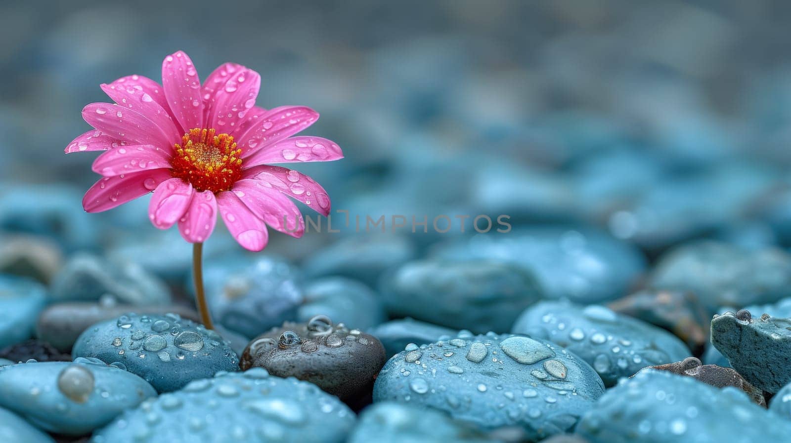 A single pink flower in a sea of blue stones