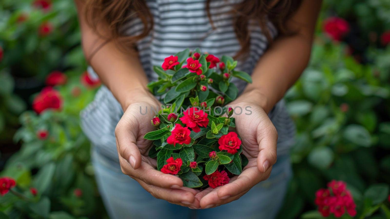A woman holding a bunch of red flowers in her hands
