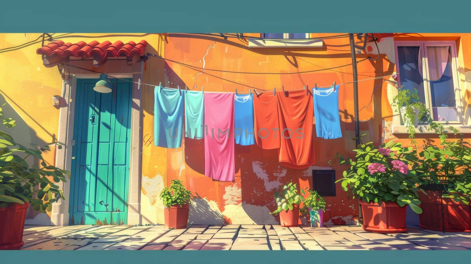 A painting of a colorful house with clothes hanging on the line