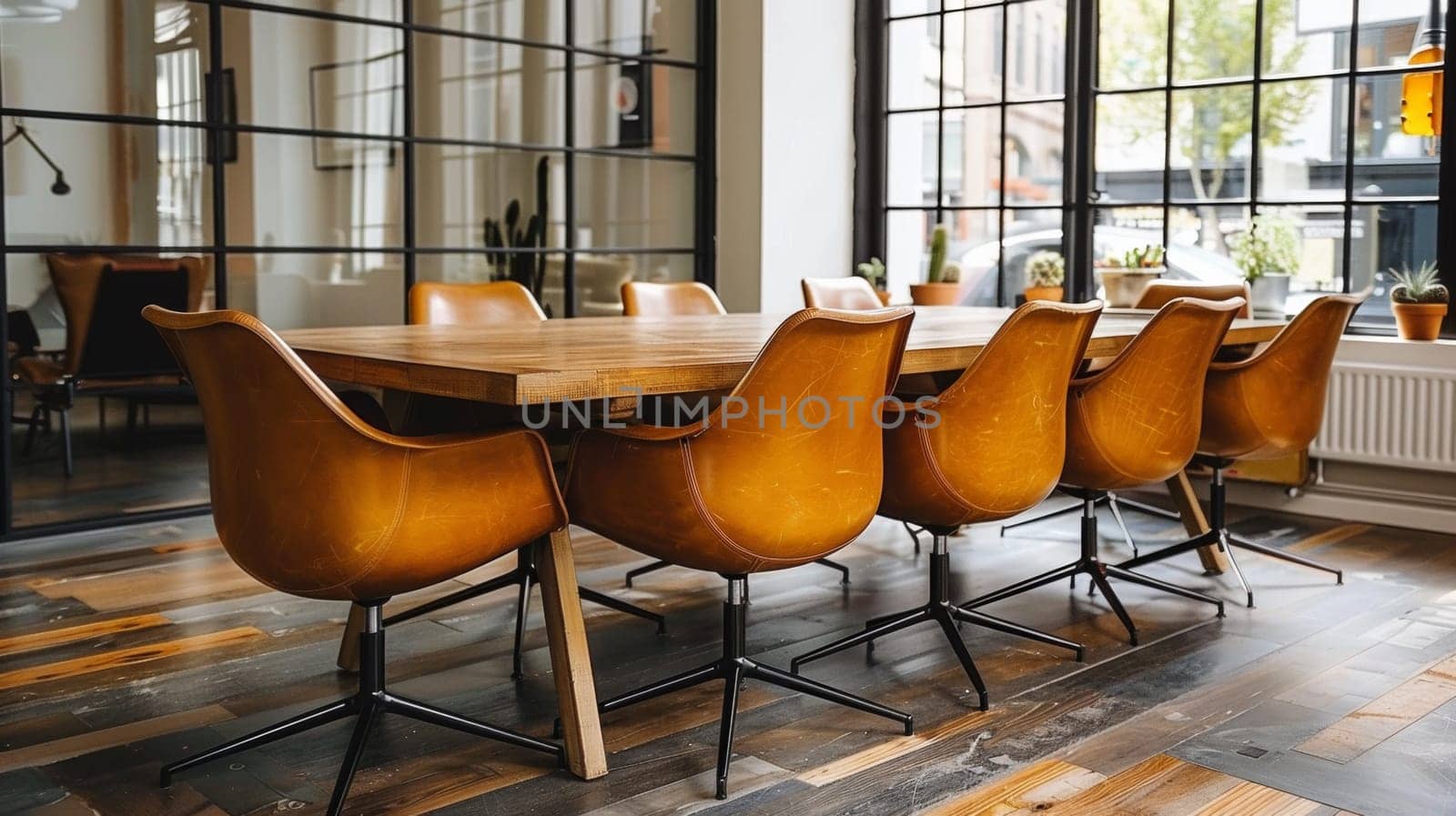 A wooden table with orange chairs in front of a window, AI by starush
