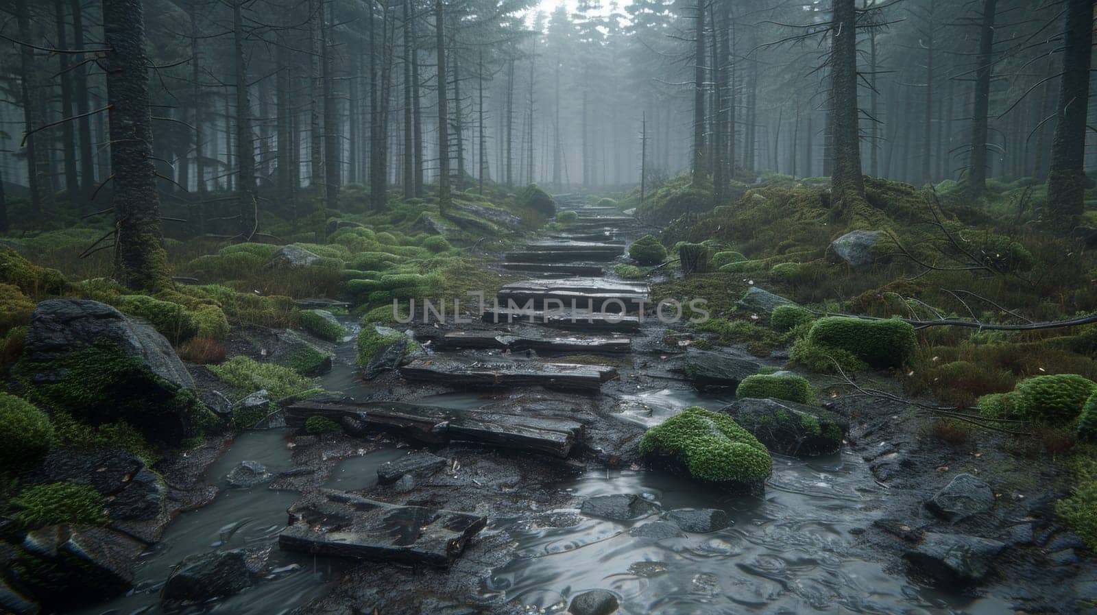 A path through a forest with many steps leading to the water, AI by starush