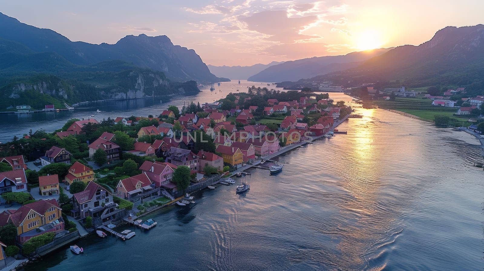 A view of a beautiful sunset over the water and houses, AI by starush
