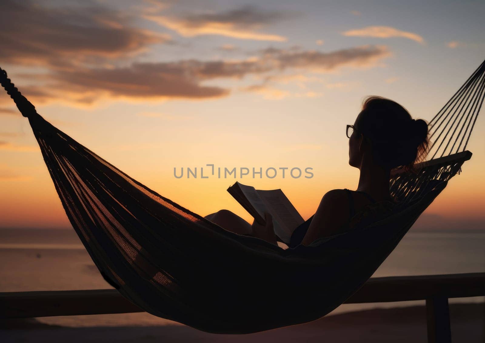 Woman with book on hammock. Nature vacation. Fictional person. Generate Ai