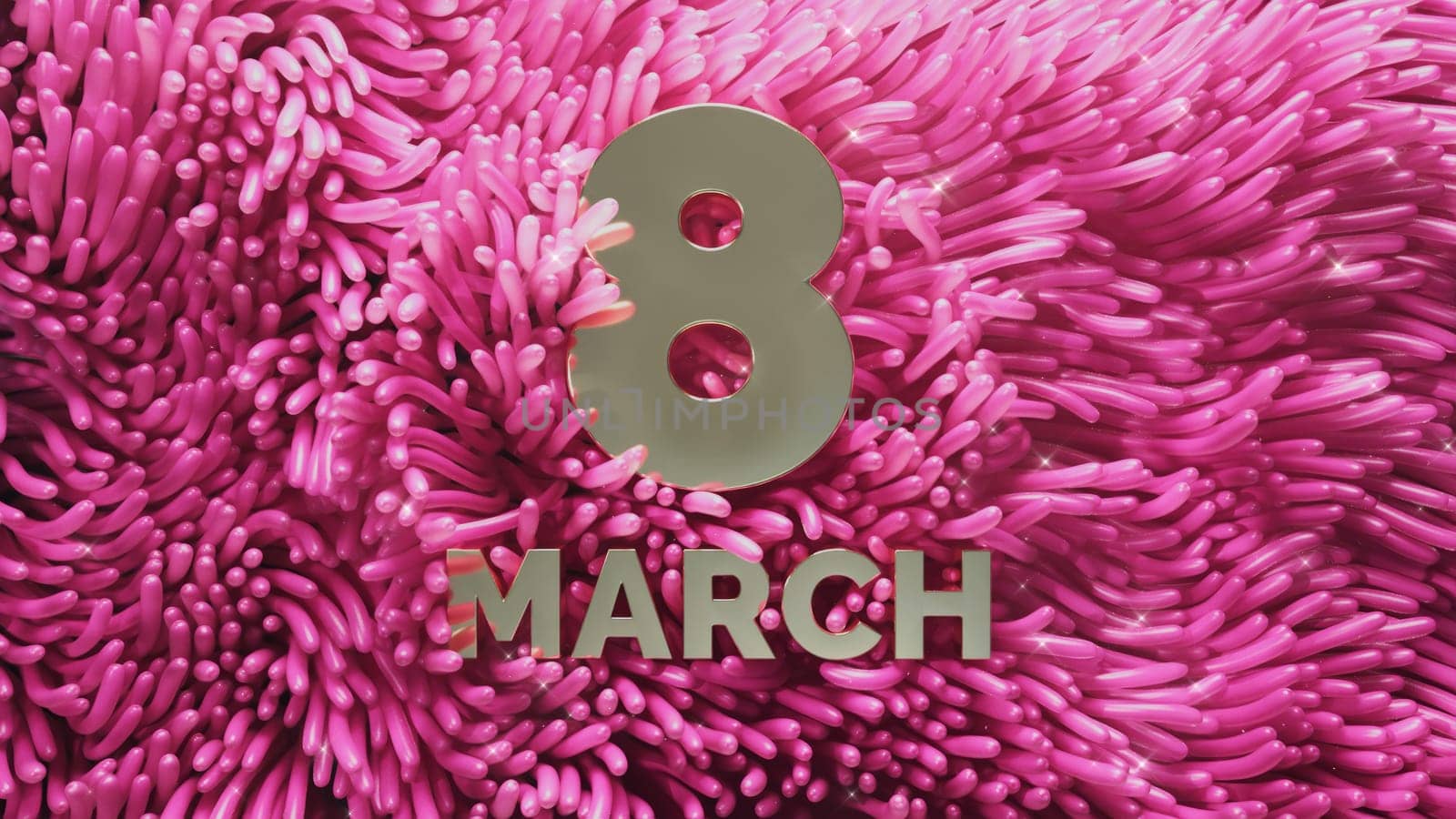 3d render of pink anemone seaweed swaying with gold lettering March 8 by studiodav