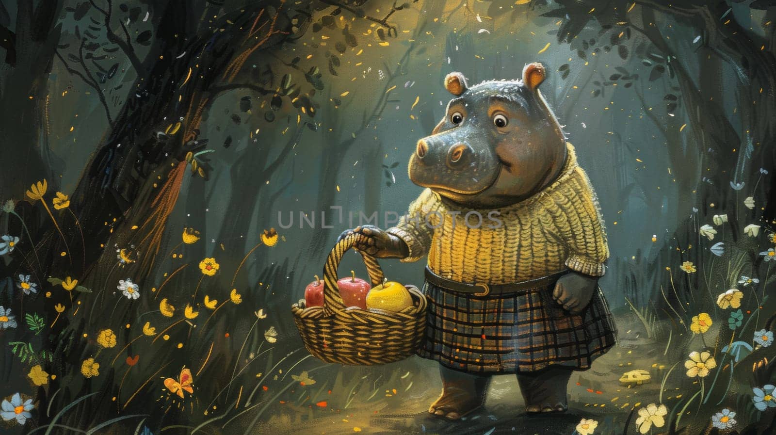 A hippo with basket of apples in the woods
