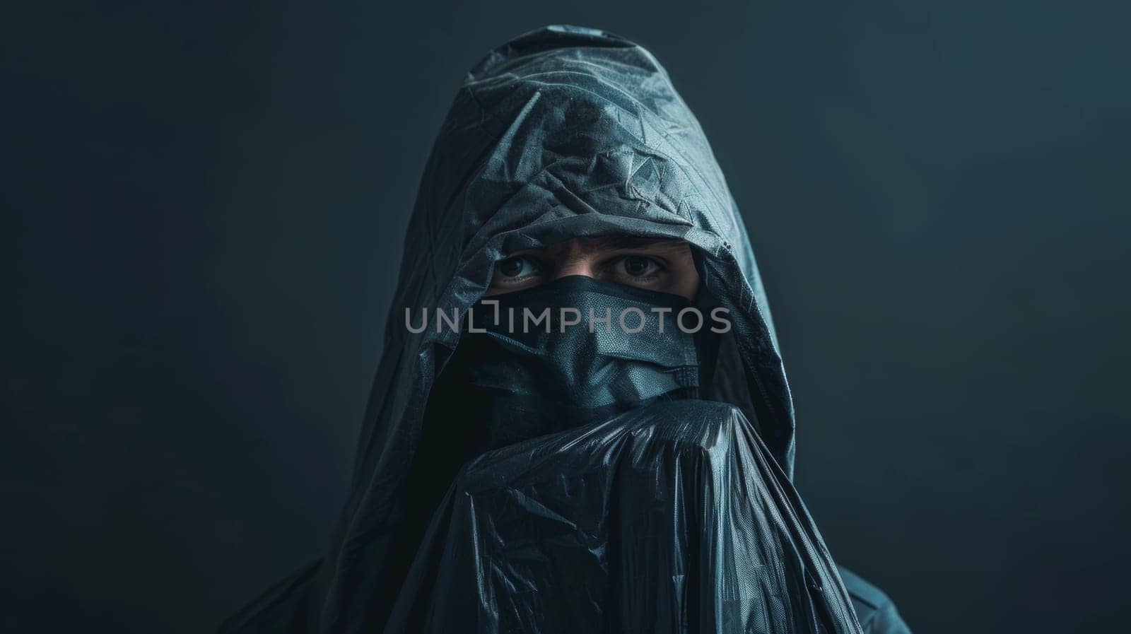 A person wearing a hoodie and plastic bag over their head