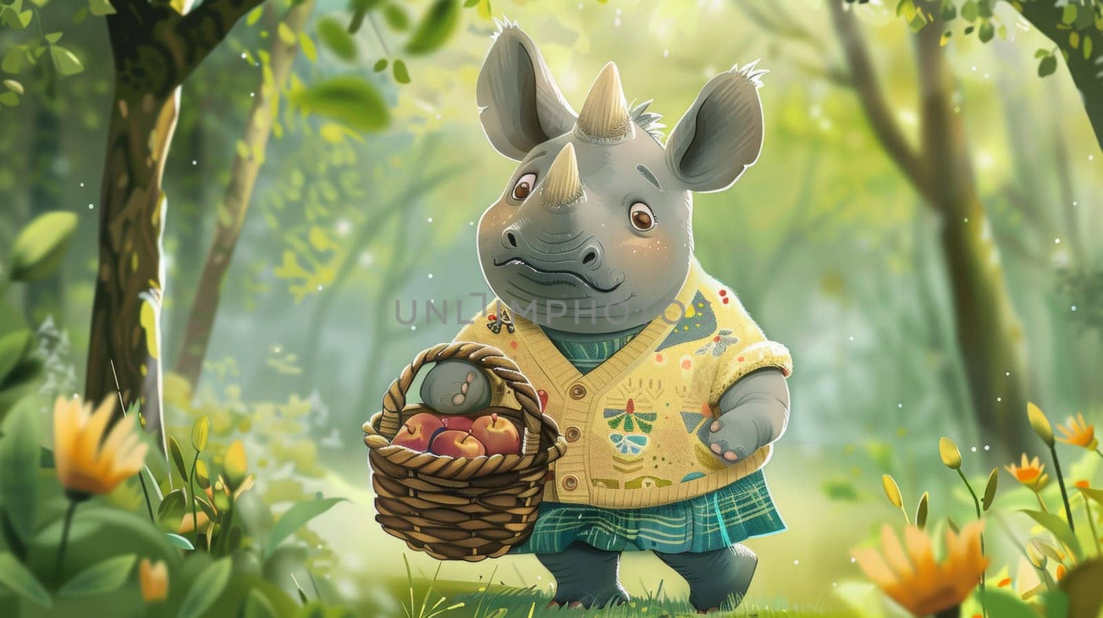 A cartoon rhino with a basket of apples in the woods, AI by starush