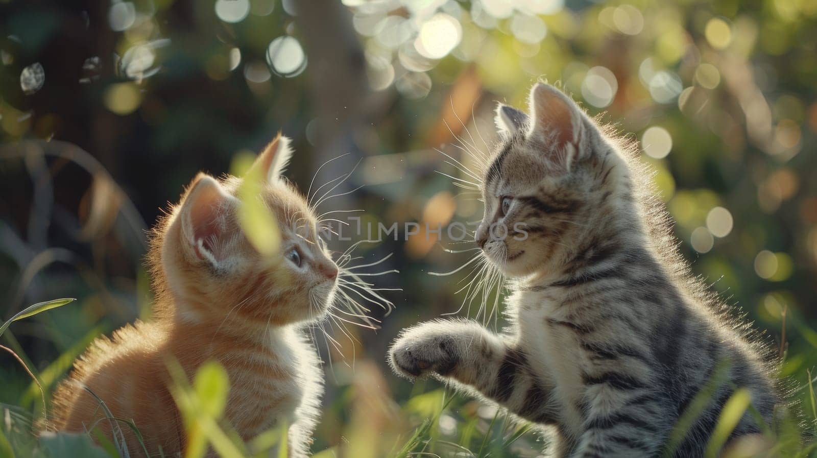 Two kittens sitting in the grass looking at each other, AI by starush