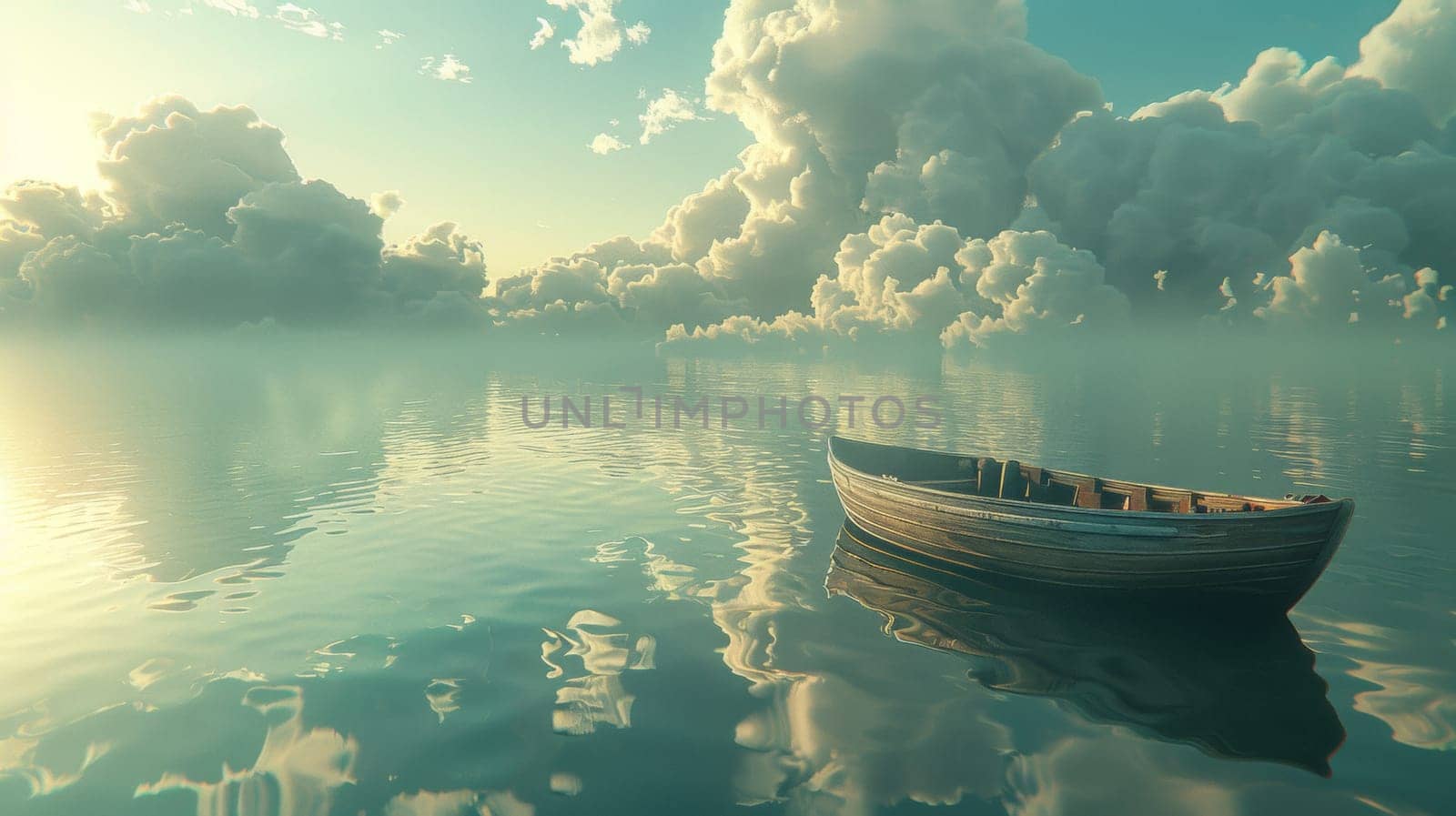 A boat floating on a calm lake with clouds in the sky, AI by starush