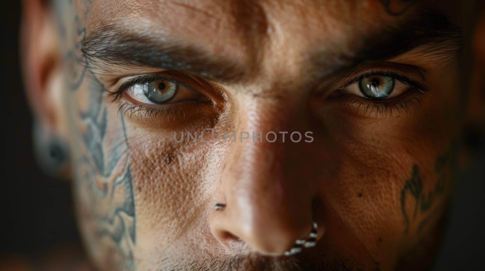 A close up of a man with piercings and tattoos on his face