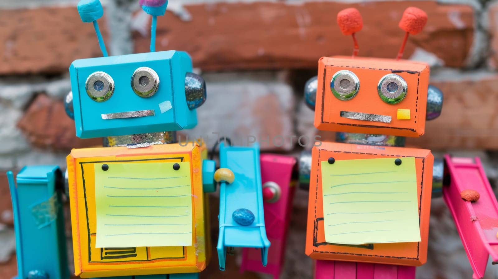 Two colorful robots with note pads attached to their backs