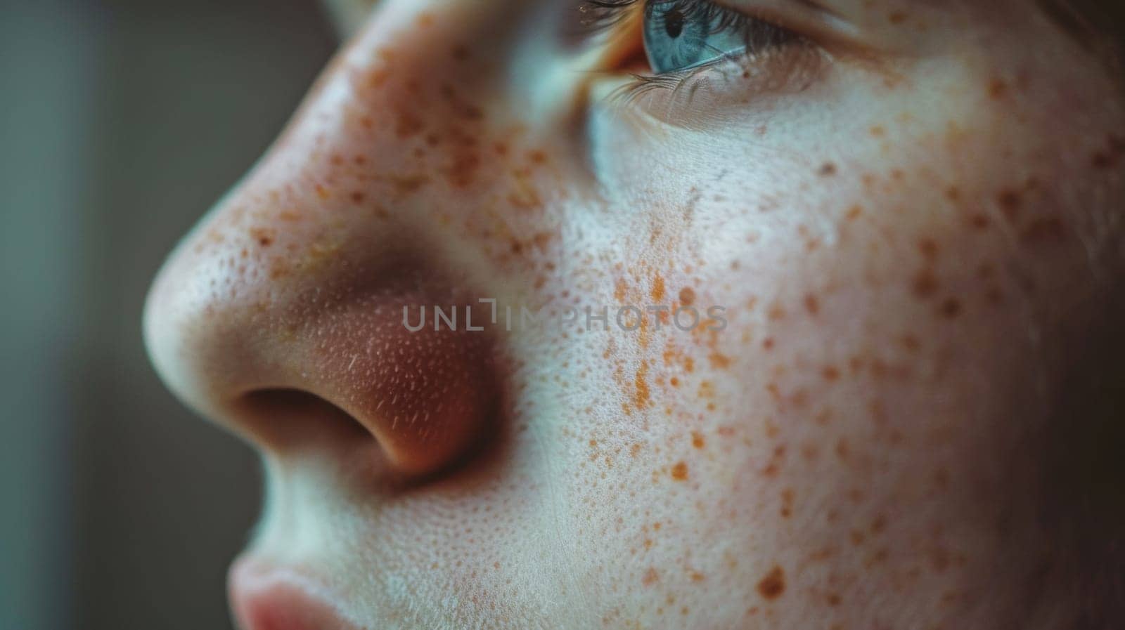 A close up of a person with freckles on their face