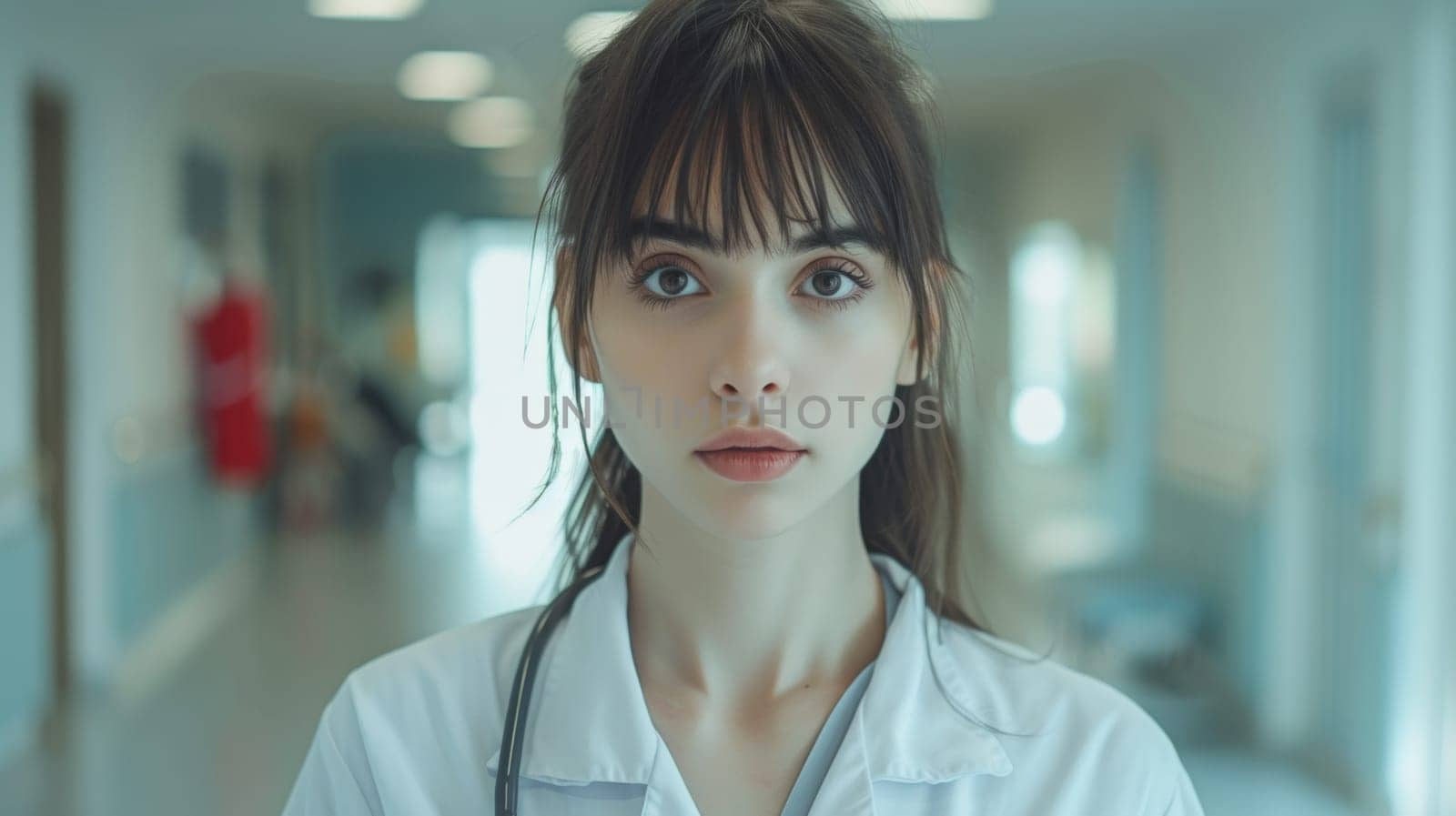 A woman in a white shirt and stethoscope standing by the wall