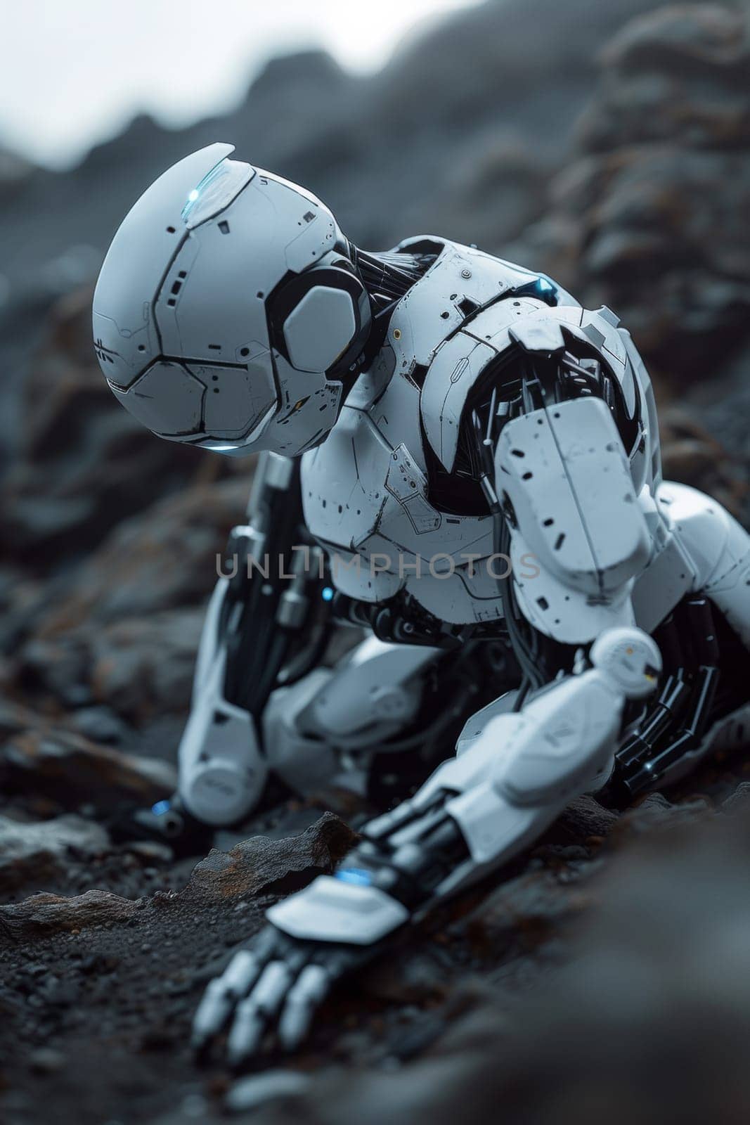 A robot is crouched down on the ground in a rocky area, AI by starush