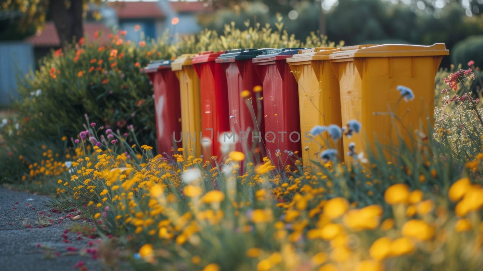 A row of colorful trash cans sitting in a field next to flowers, AI by starush