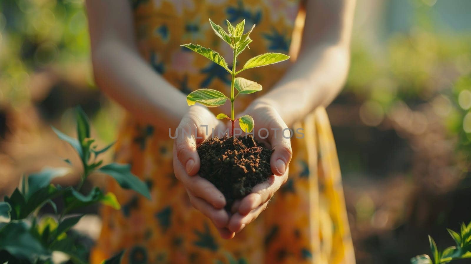 A person holding a small plant in their hands with dirt
