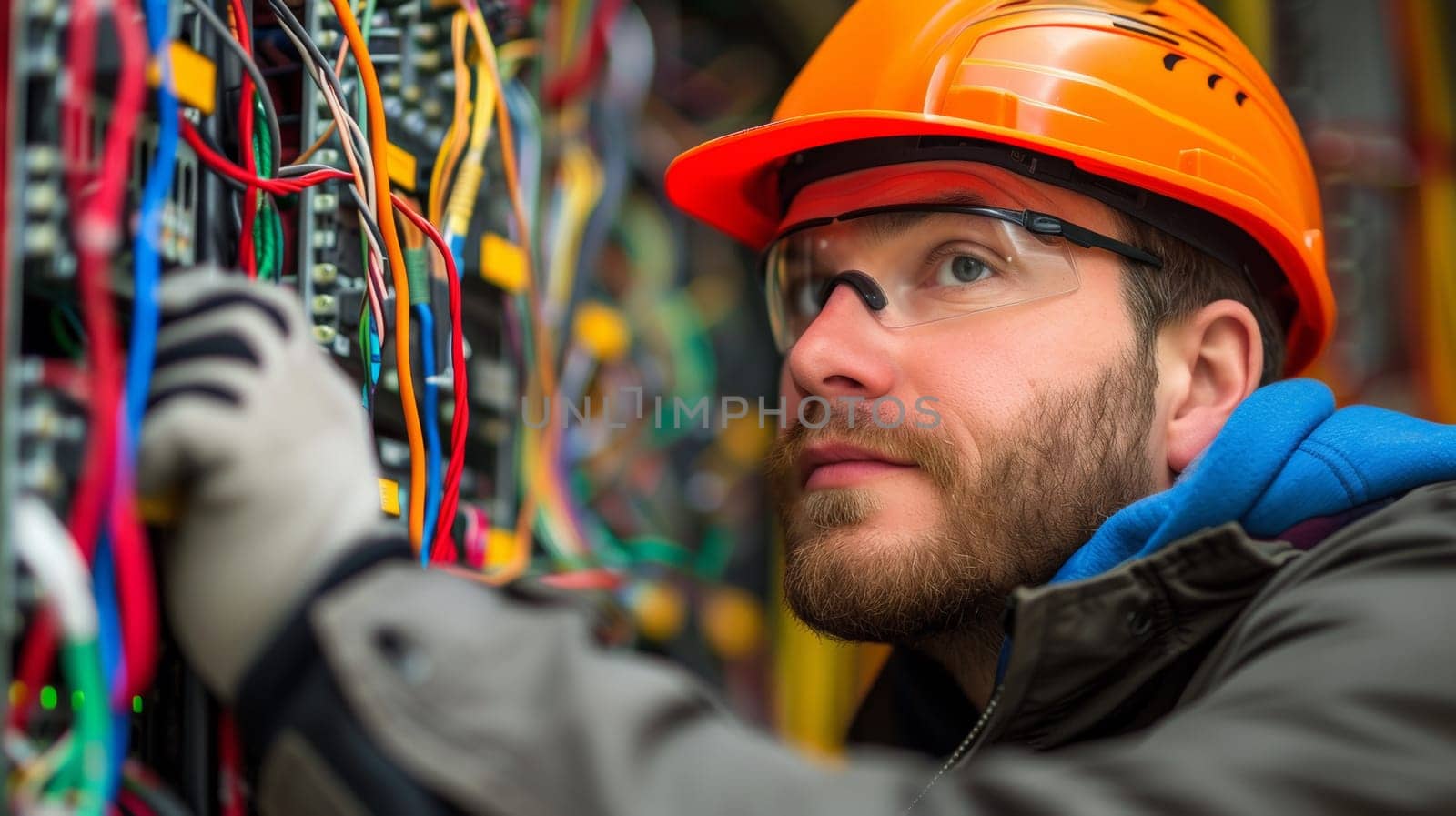 A man in orange hard hat looking at a large electrical panel