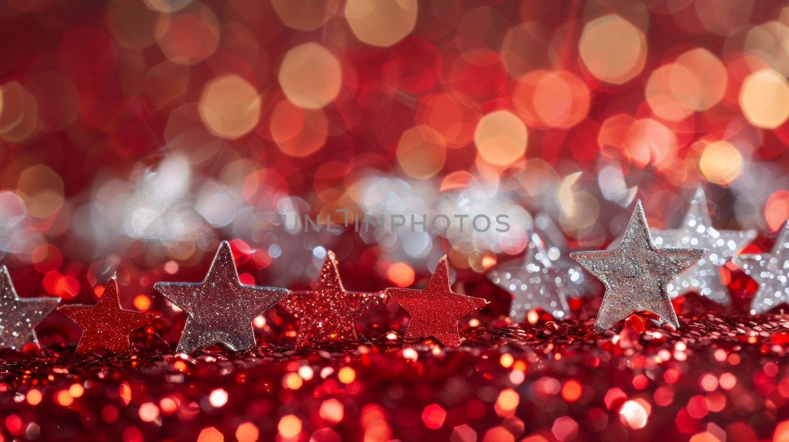 A row of silver stars on a red background with shiny lights, AI by starush