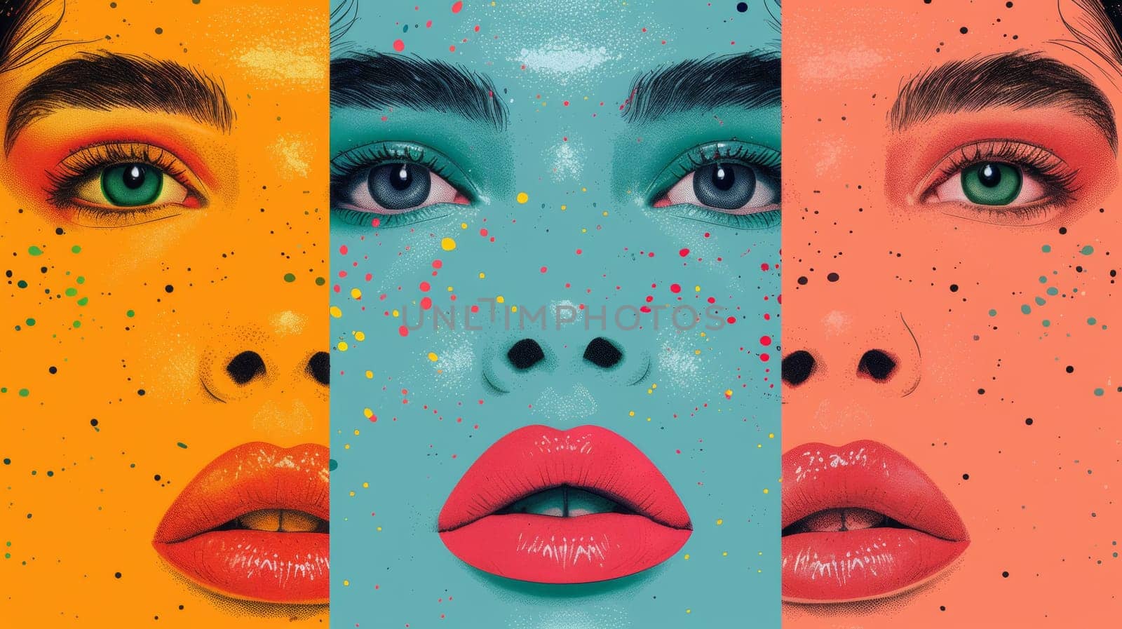 Three different colored images of a woman with her mouth open, AI by starush