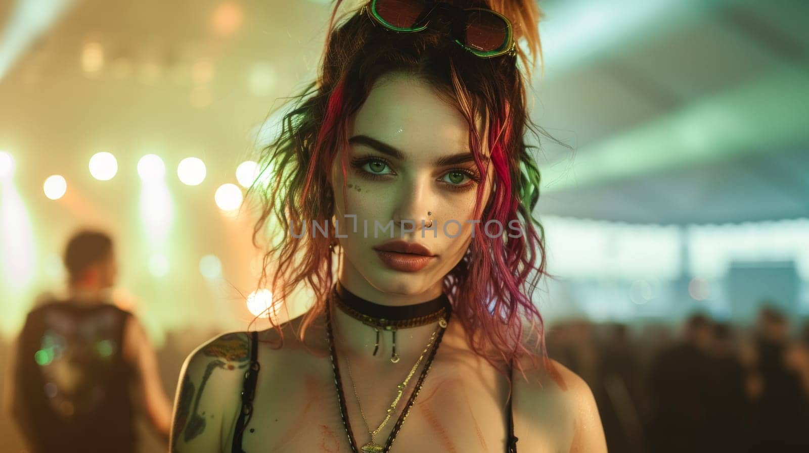 A woman with a tattooed face and piercings standing in front of people, AI by starush