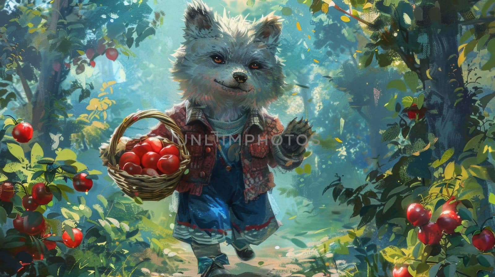 A painting of a furry animal holding an apple basket, AI by starush