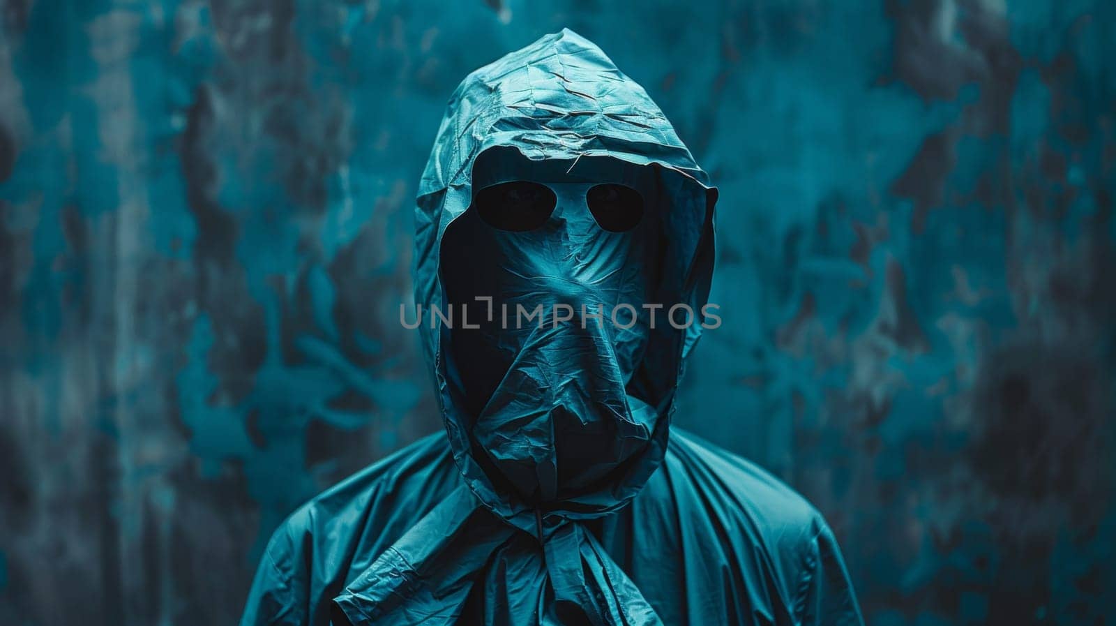 A person wearing a mask and raincoat with hood up
