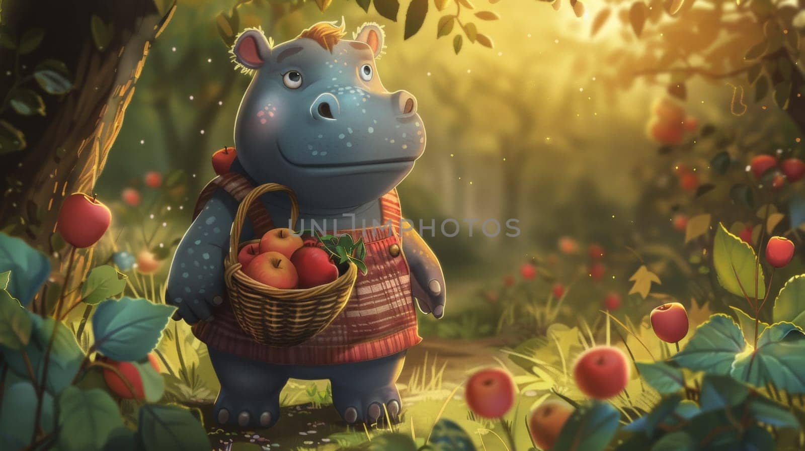 A cartoon hippo with a basket of apples in the woods, AI by starush