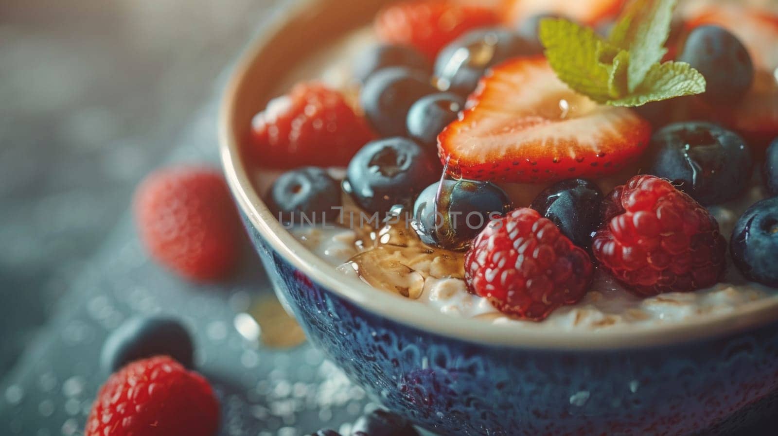 A bowl of berries and oatmeal with mint leaves on top, AI by starush