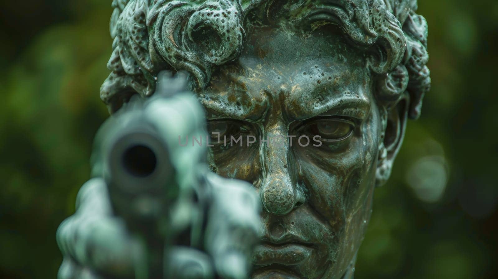 A statue of a man holding up his gun with the head, AI by starush