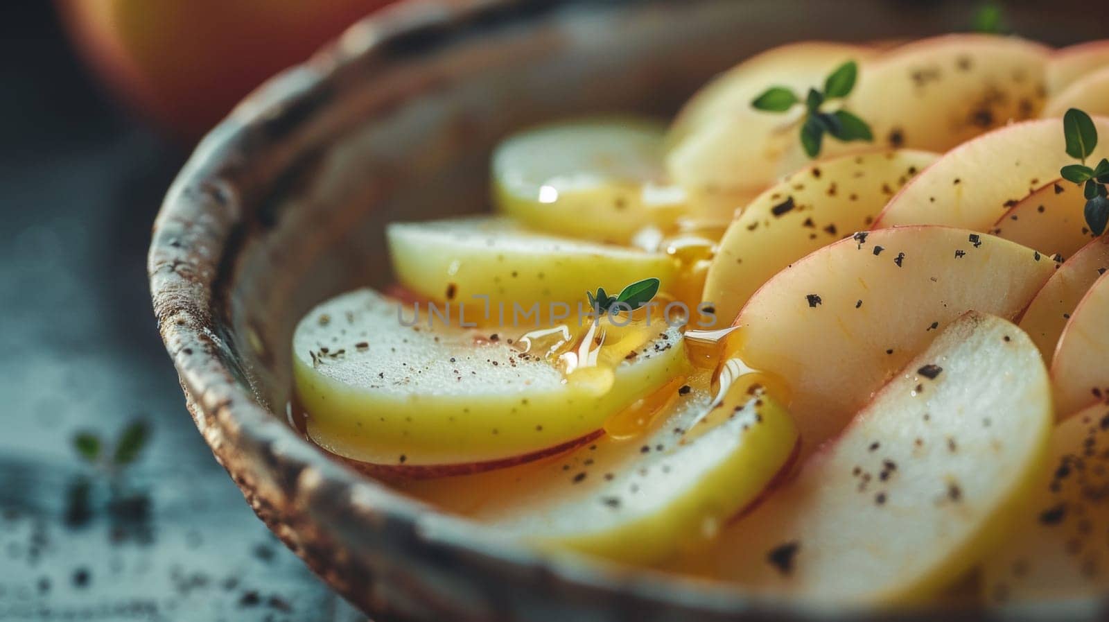 A close up of a bowl filled with sliced apples and herbs, AI by starush