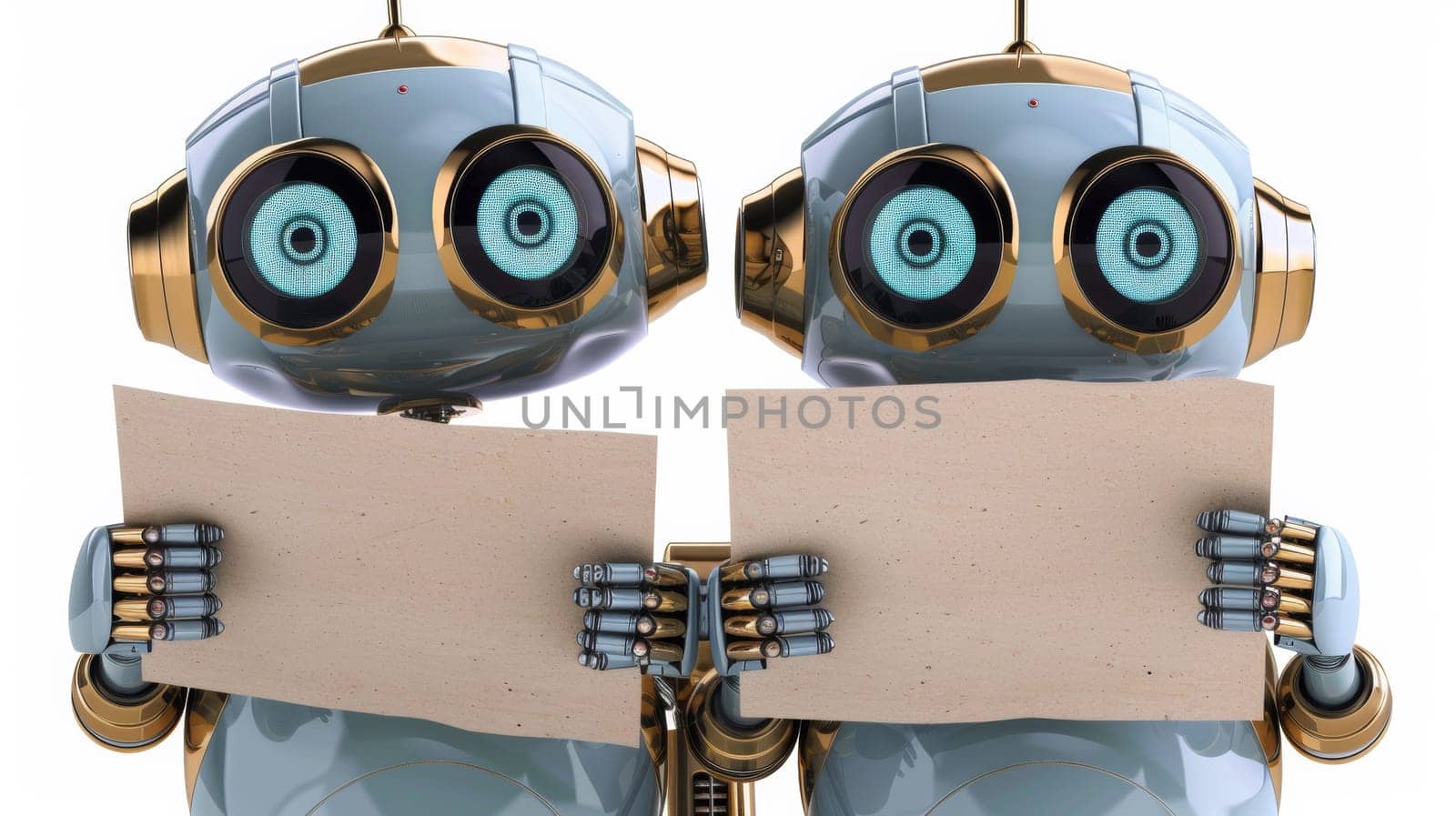 Two robots holding a piece of paper with eyes and mouths, AI by starush