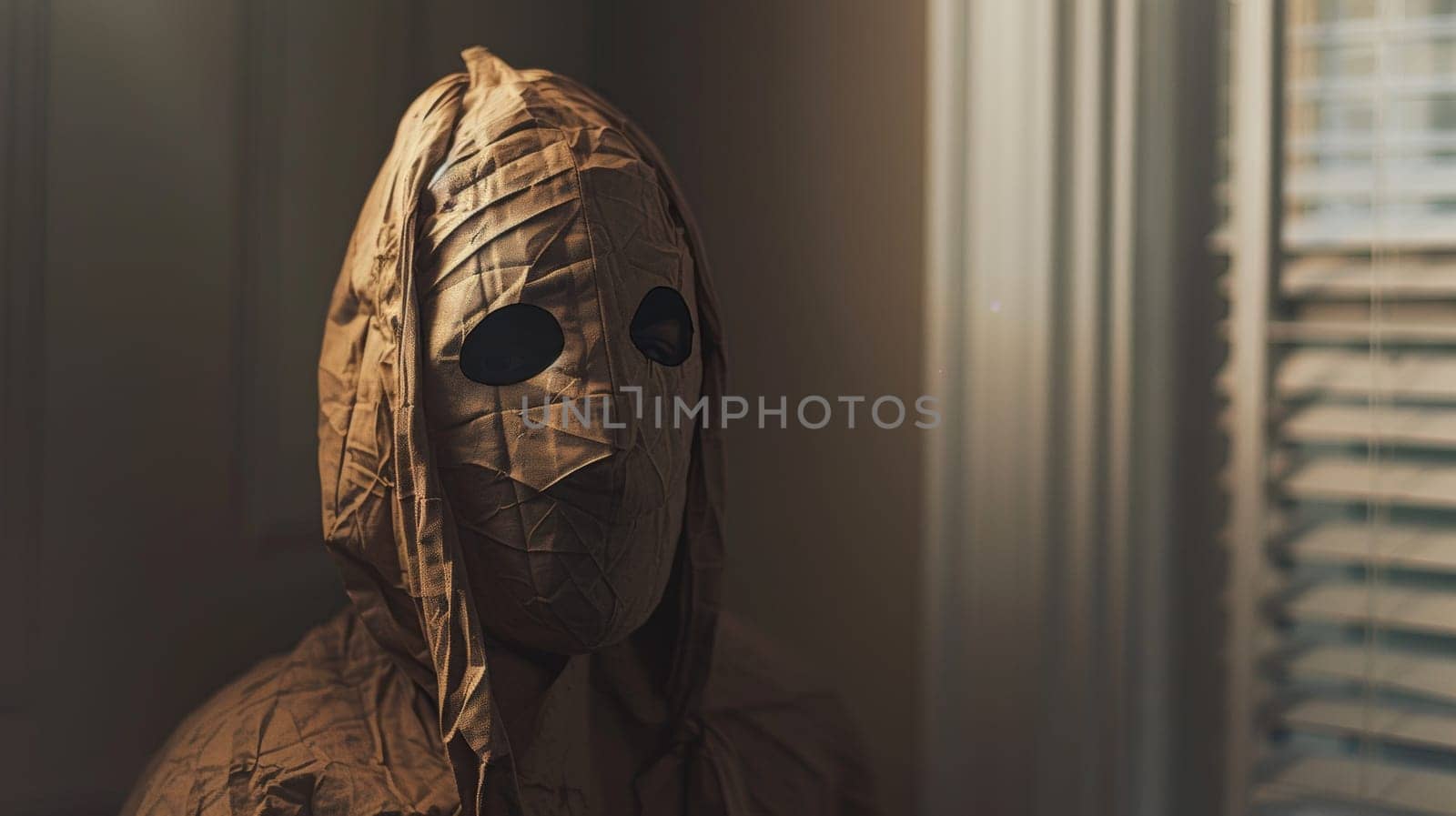 A brown paper mask with a face made out of it