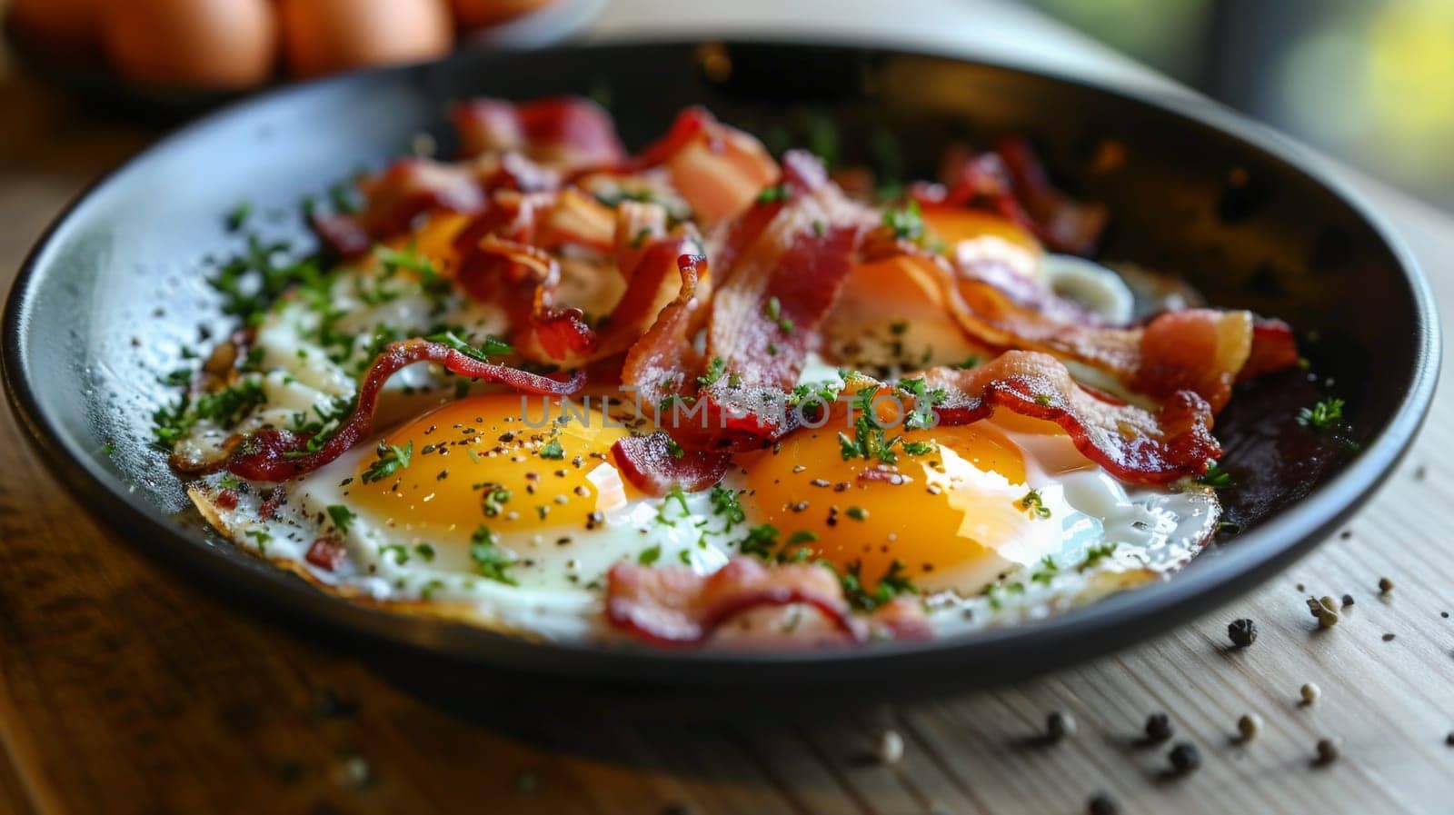 A black bowl with eggs and bacon on top of a table, AI by starush