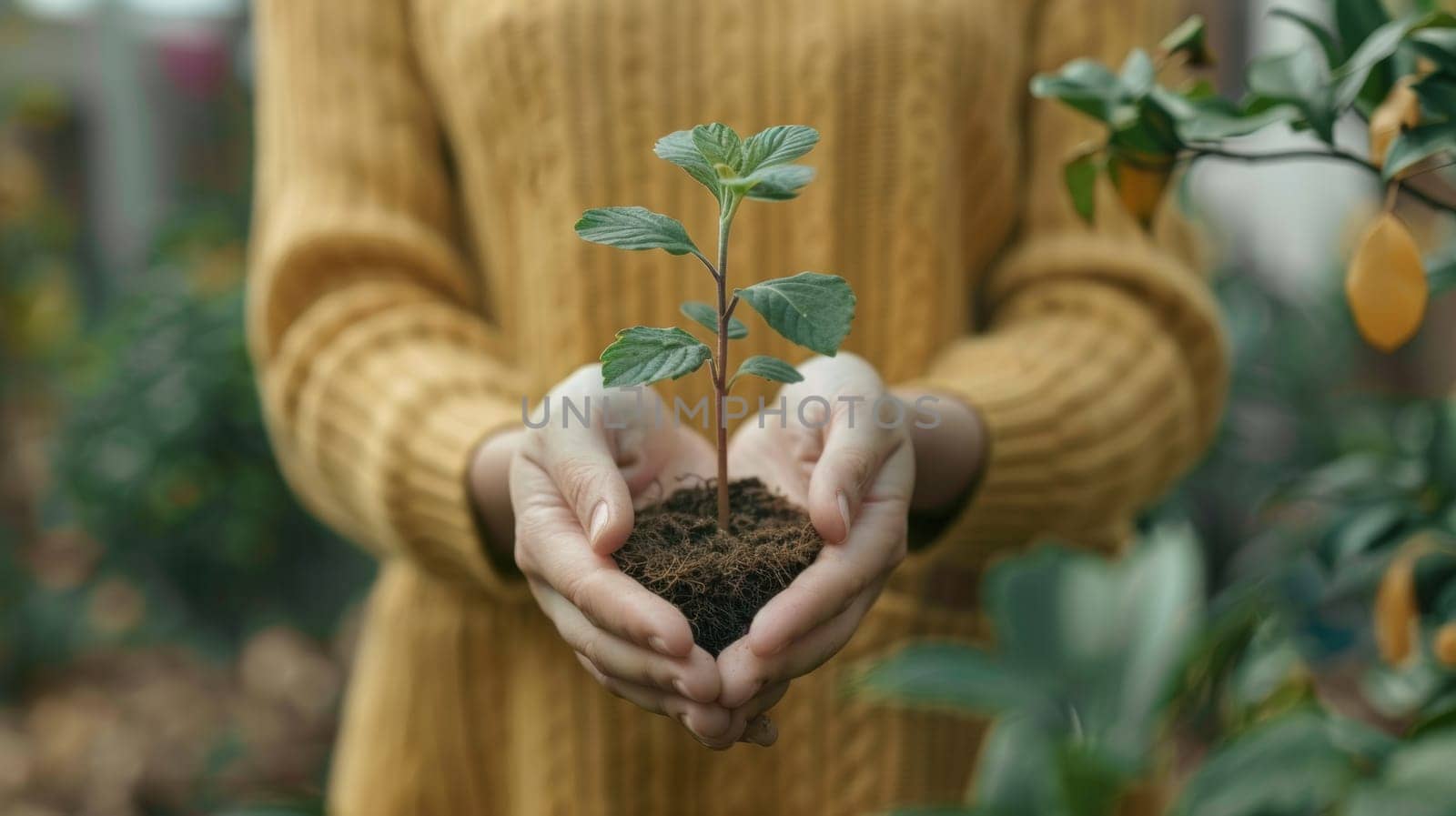 A person holding a small plant in their hands with soil, AI by starush