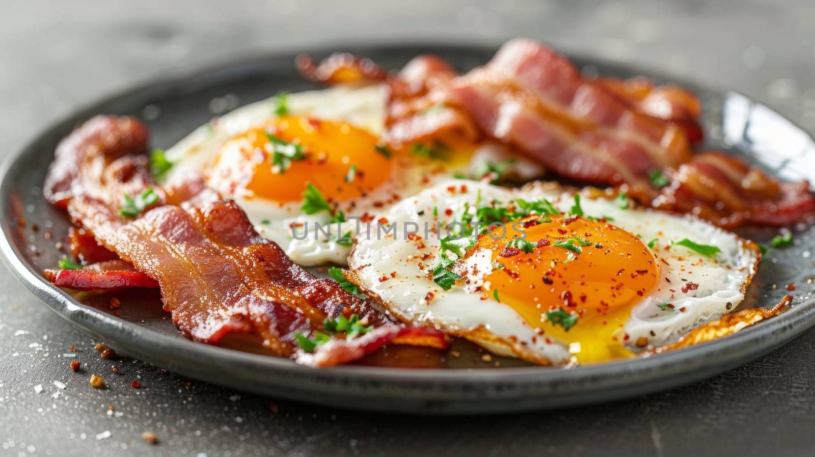 A plate of bacon and eggs on a black table